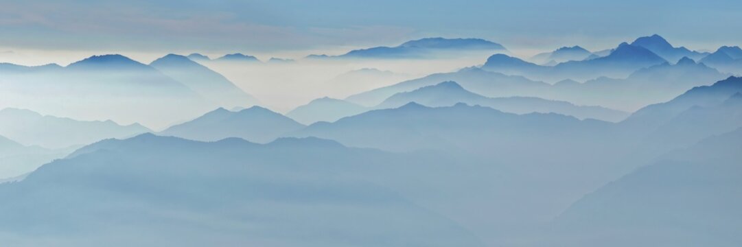 Mountain silhouettes panorama of Lake Garda mountains and Bergamo Alps, Monte Baldo, Malcesine, Verona Italy, Trentino-Alto Adige, Italy