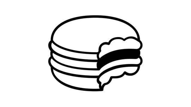 Minimalist vector icon illustration of a delicious French macaron with a bite taken out, perfect for bakery logos, pastry shop branding, dessert menus, and sweet treat graphic design projects.