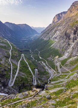 Aerial view, hairpin bends at the mountain road Trollstigen, near &Aring;ndalsnes, M&oslash;re og Romsdal, Vestland, Norway