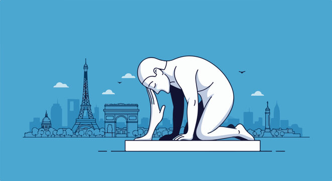 A lone figure kneels in despair against a Parisian skyline