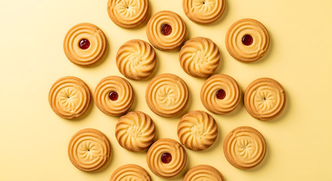 Top view of assorted butter swirl cookies with jam centers on a yellow background