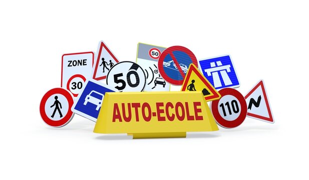 Panneaux de Signalisation Routi&egrave;re et Enseigne de Toit Auto-&Eacute;cole sur Fond Blanc