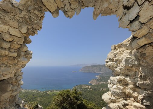 Ruins of a church with a barrel vault, castle hill Mon&oacute;lithos, Rhodes, Greece, Europe