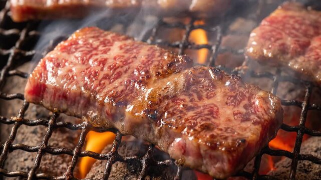 炭火で焼く霜降り和牛の焼肉、滴る脂と立ち上がる煙