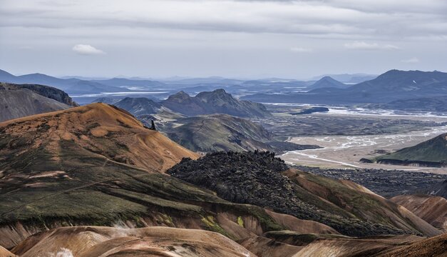 Landscape near Landmannalaugar, Dramatic volcanic landscape, Colourful erosion landscape with mountains, Lava field, Landmannalaugar, Fjallabak Nature Reserve, Su&eth;urland, Iceland