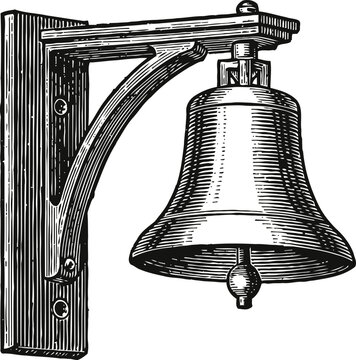 Classic metal bell mounted on wooden bracket, vintage hand drawn illustration