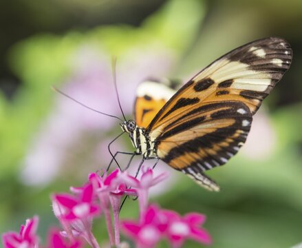 Xanthocles longwing (Heliconius xanthocles) sitting on pink flower, captive
