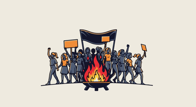 A diverse group of figures protest holding signs, with a large fire in the center