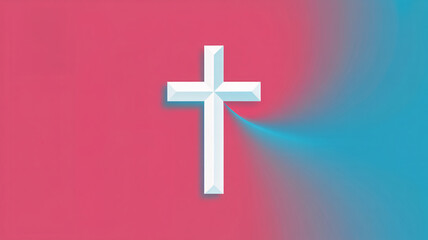 Fototapeta premium A white cross symbol on a pink and blue background with a beam of light