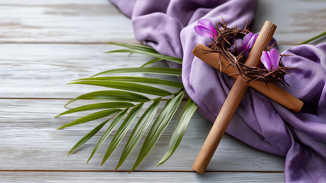 Cross and crown of thorns with palm branches on a purple cloth, Lent and Palm Sunday symbol concept, Passion Week religious visual, with copy space