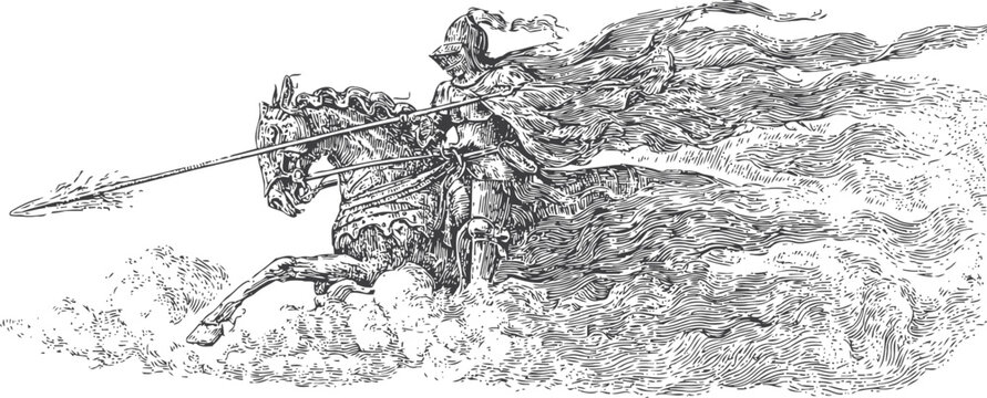 Medieval knight in armor charging on horseback with lance and flowing cape detailed line art