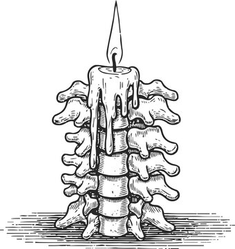 Anatomical spine candle with flame melting wax on vertebrae bones human skeleton concept illustration