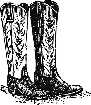 Western cowboy boots vintage engraving classic leather tall footwear with decorative stitching and heel