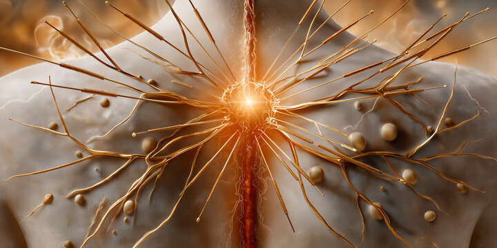 Radiant chest featuring shimmering gold fibers. Brilliantly glowing torso exhibiting radiant spine threads and delicate shimmering energy ambiance