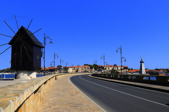 Bridge to Old Town of Nessebar, windmill and lanterns, road, landscape Beautiful historical town in Bulgaria,