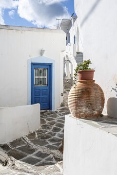 White and blue Cycladic houses, old town of Lefkes, Paros, Cyclades, Greece