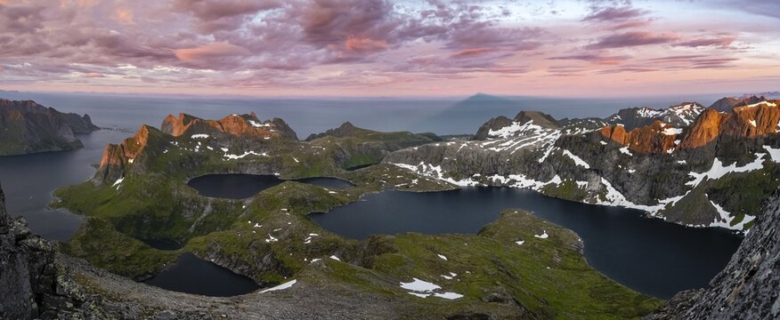 Sunset with dramatic clouds, fjords, lakes Krokvatnet and Tennesvatnet, mountains, Moskenes&oslash;ya, Lofoten, Nordland, Norway