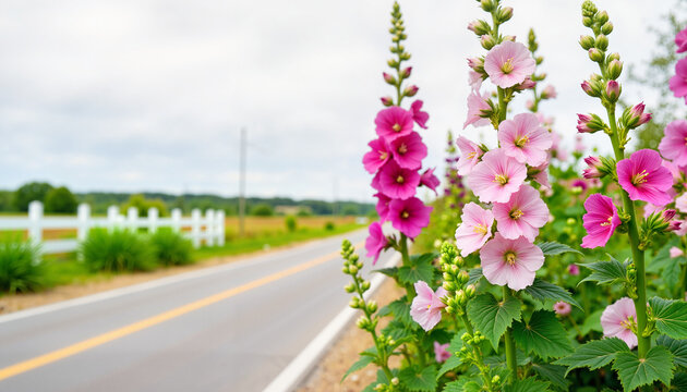 Colorful hollyhocks blooming along rural road, nature's beauty