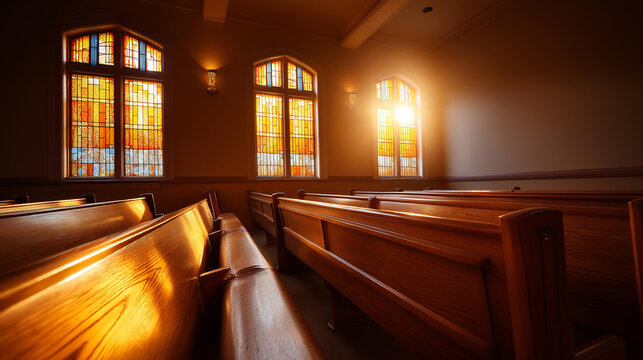 Bright church interior with glowing stained glass windows behind rows of wooden pews, welcome message overlay concept, newcomer outreach photography, with copy space