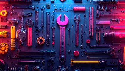 Fototapeta premium Assortment of metal tools, arranged on a dark surface, lit with neon