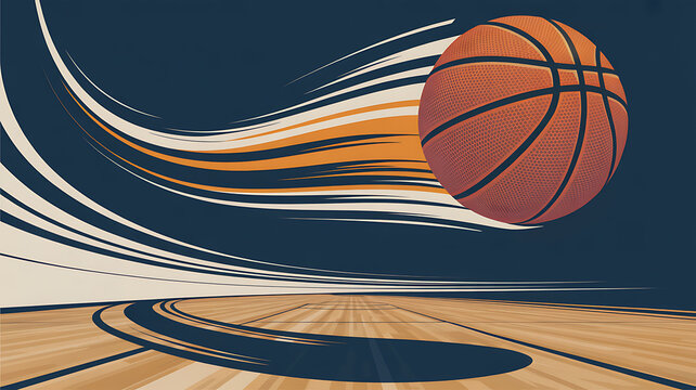 Illustration of a basketball flying over a court with motion lines