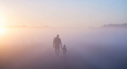 Fototapeta premium Father and child silhouetted against a misty sunrise or sunset