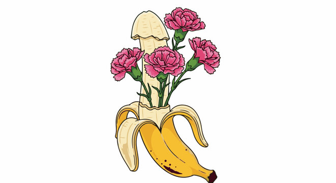 A peeled banana revealing a phallic shape adorned with pink carnations