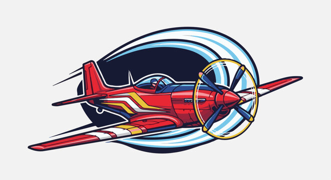 Stylized red prop plane with racing stripes flies through a blue oval