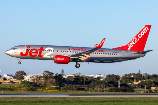 Luqa, Malta - March 19, 2026: Jet2 Boeing 737-8K5 (REG: G-DRTF) landing on a sunny late afternoon.