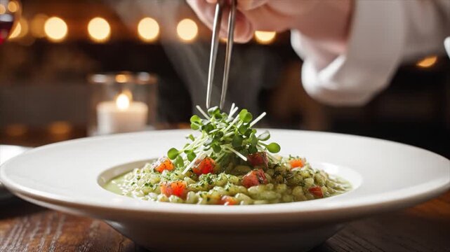 Chef preparing gourmet green peas and tomatoes dish with herbs
