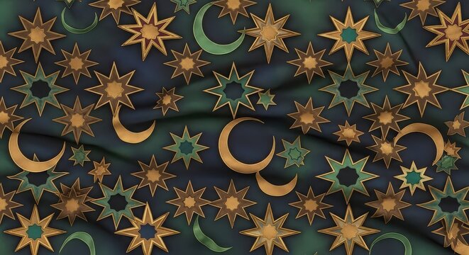 Vibrant star and moon pattern on dark fabric with gold green celestial symbols abstract night sky design