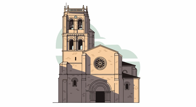 A stone church with a bell tower, arched windows, and rose window