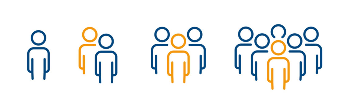 people group icons, set  icon of one, small, medium, large people group symbols, outline editable vector illustration eps 10