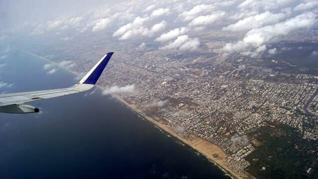 view from airplane window of marina beach chennai india