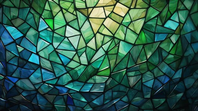 Stained glass window with mosaic pattern in shades of blue green and yellow light