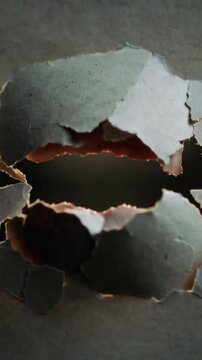 Vertical video: Shifting backlight revealing torn gray sheet in closeup, showing brown inner layer