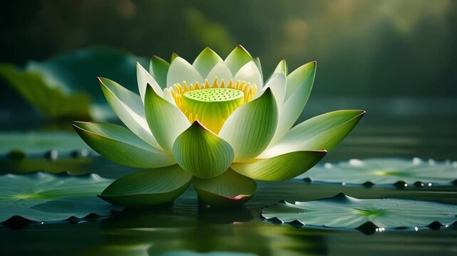 Green lotus flower blooming on serene pond with lily pads and soft sunlight filtering through