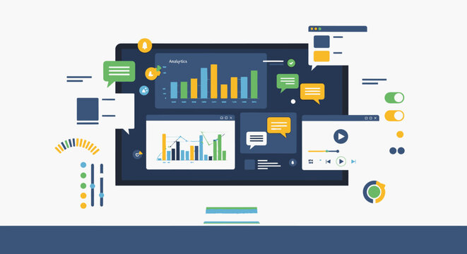 Modern infographic design template featuring a set of flat business icons and responsive technology vector elements for web and mobile data illustration