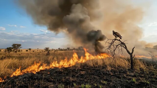 A controlled burn on an African savanna grassland photographed at the fire front shows a low wall of flame advancing through dry golden grass, smoke column rising and
