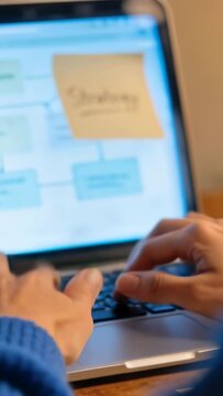 Vertical video: Planning hands wearing blue sleeve placing Strategy note on laptop at desk, typing