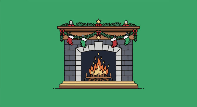 Cozy fireplace decorated with festive garlands, stockings, and a star