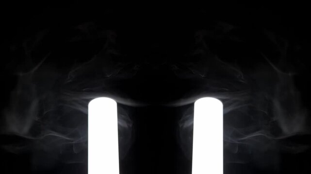 Two glowing white vertical lights stand in the dark as mirrored smoke billows symmetrically. Concept of mysterious energy, supernatural phenomena, and abstract sci-fi environments.
