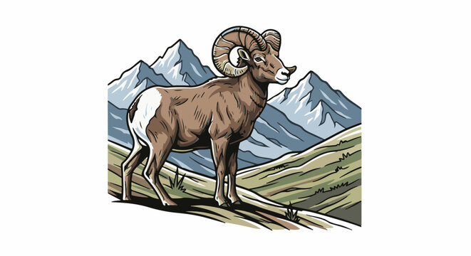 Majestic ram stands proudly amidst rugged, snow-capped mountains and rolling hills