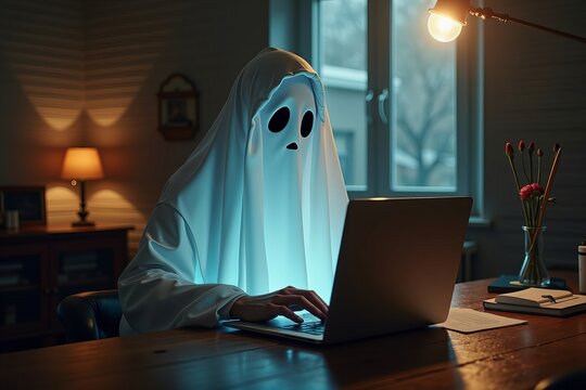 A ghostly writer typing in a comfortable office with a spectral presence watching over.