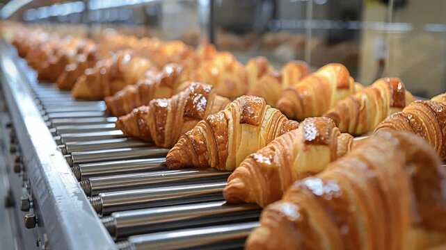 Golden croissants are conveyed along bustling bakery's manufacturing line on conveyor belt as morning preparations peak, emitting warm glow on freshly baked flaky pastries, ready for early customers