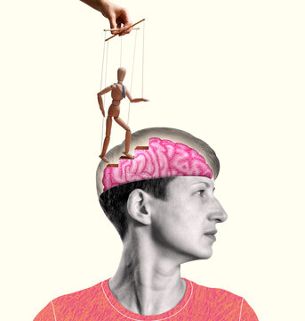 The puppet climbs the steps in the woman's brain.