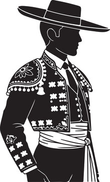 Silhouette of a man in traditional Spanish bullfighter's costume, featuring an ornate jacket, vest, tie, sash, and wide-brimmed hat.