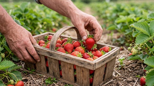 Man picking strawberries in a field.