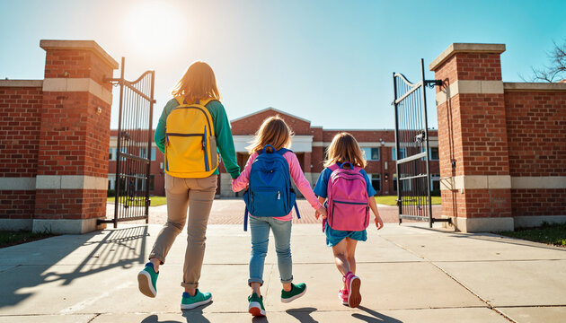 Joyful children walking to school on sunny day, education adventure