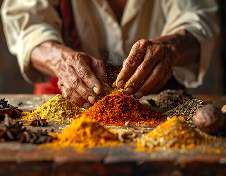 A person preparing various colorful spices on a table in a market